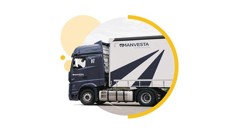 a truck with Manvesta  Logistics logo